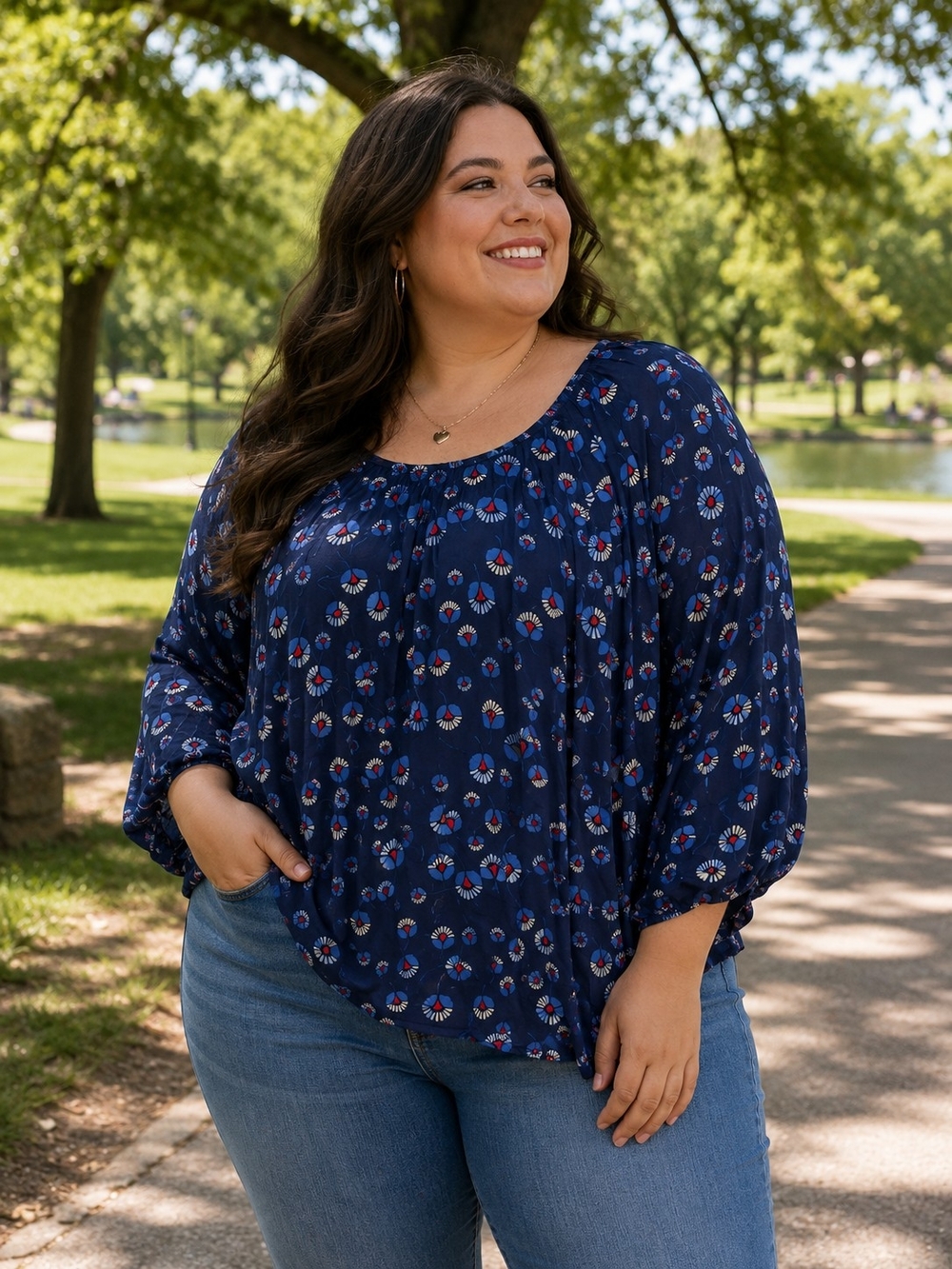 A.N.A Navy Geometric Floral Sharkbite Hem Blouse. NWT